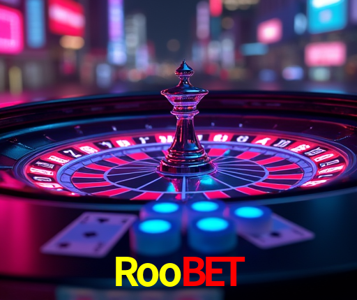 Escena dinámica inspirada en casino con iluminación Roobet, cartas, fichas e íconos de juegos digitales en un espacio moderno de juegos.