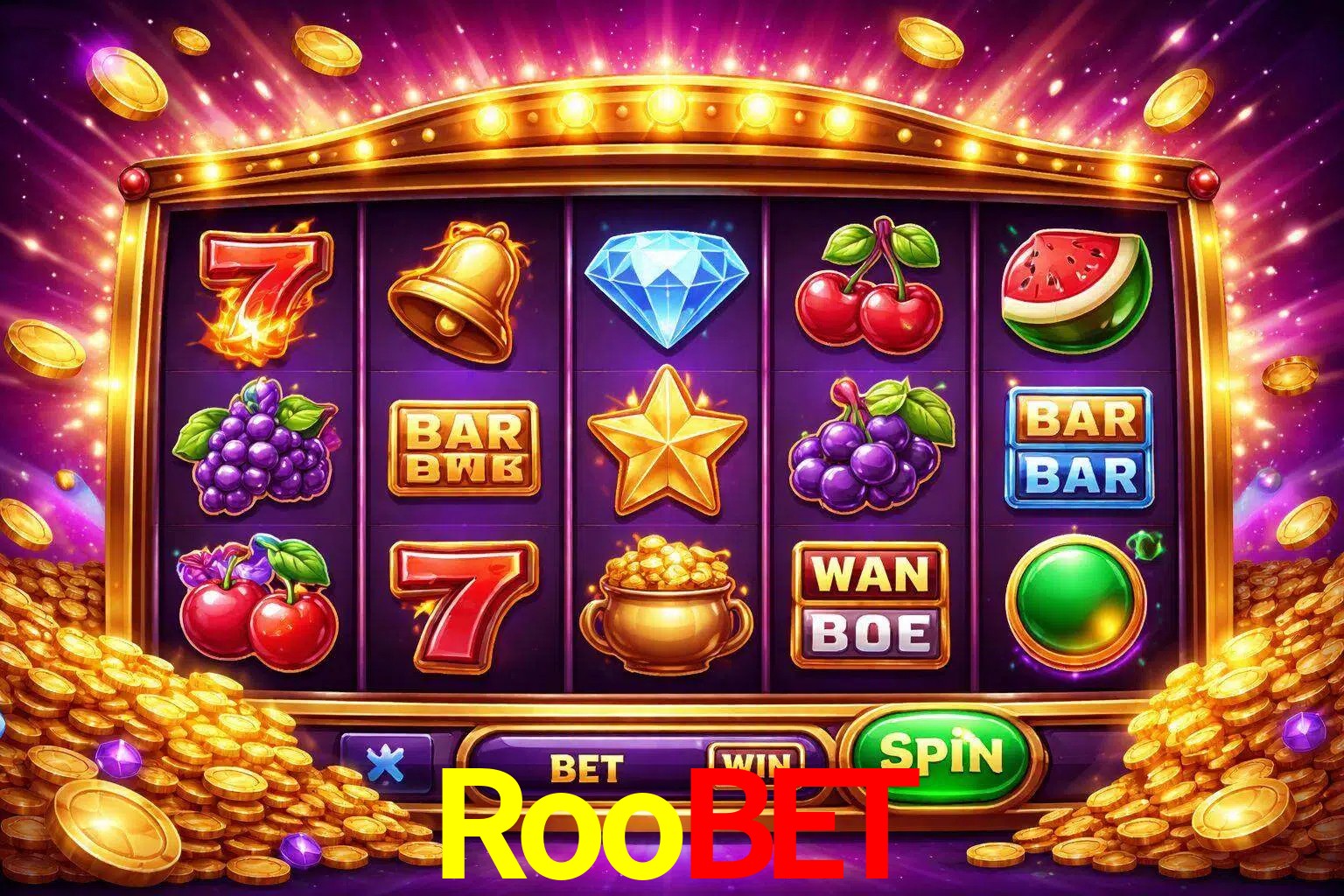 Una interfaz colorida de tragamonedas en línea con símbolos brillantes, monedas y un efecto de victoria celebratoria en Roobet.