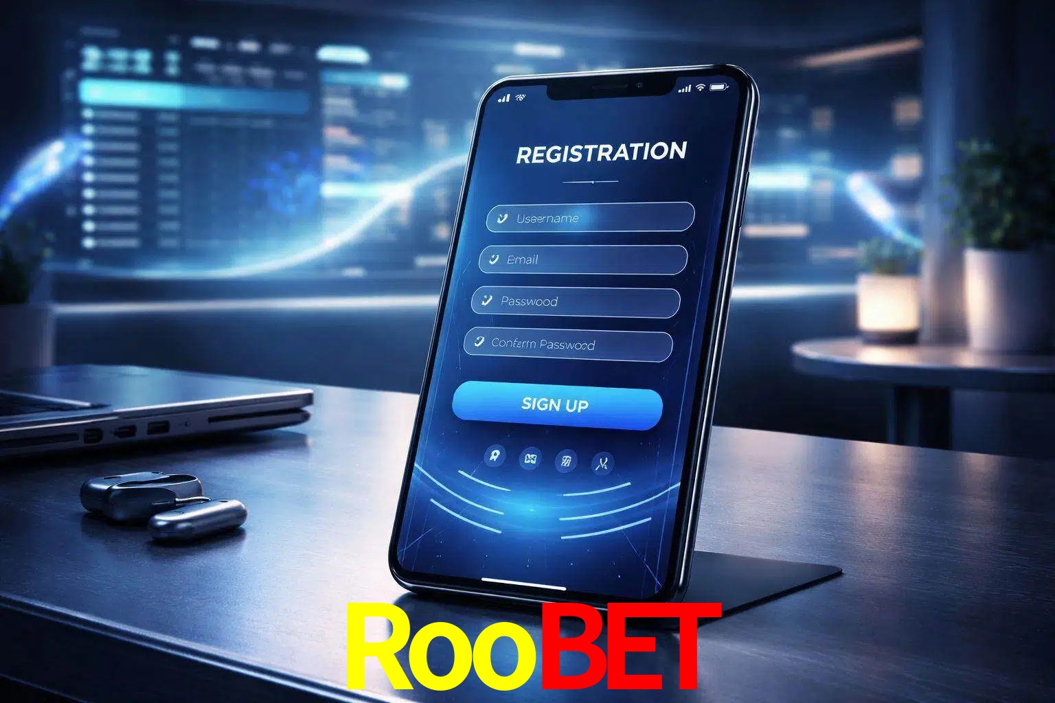 Una interfaz moderna de registro móvil para Roobet mostrada en un smartphone con un panel de apuestas elegante.